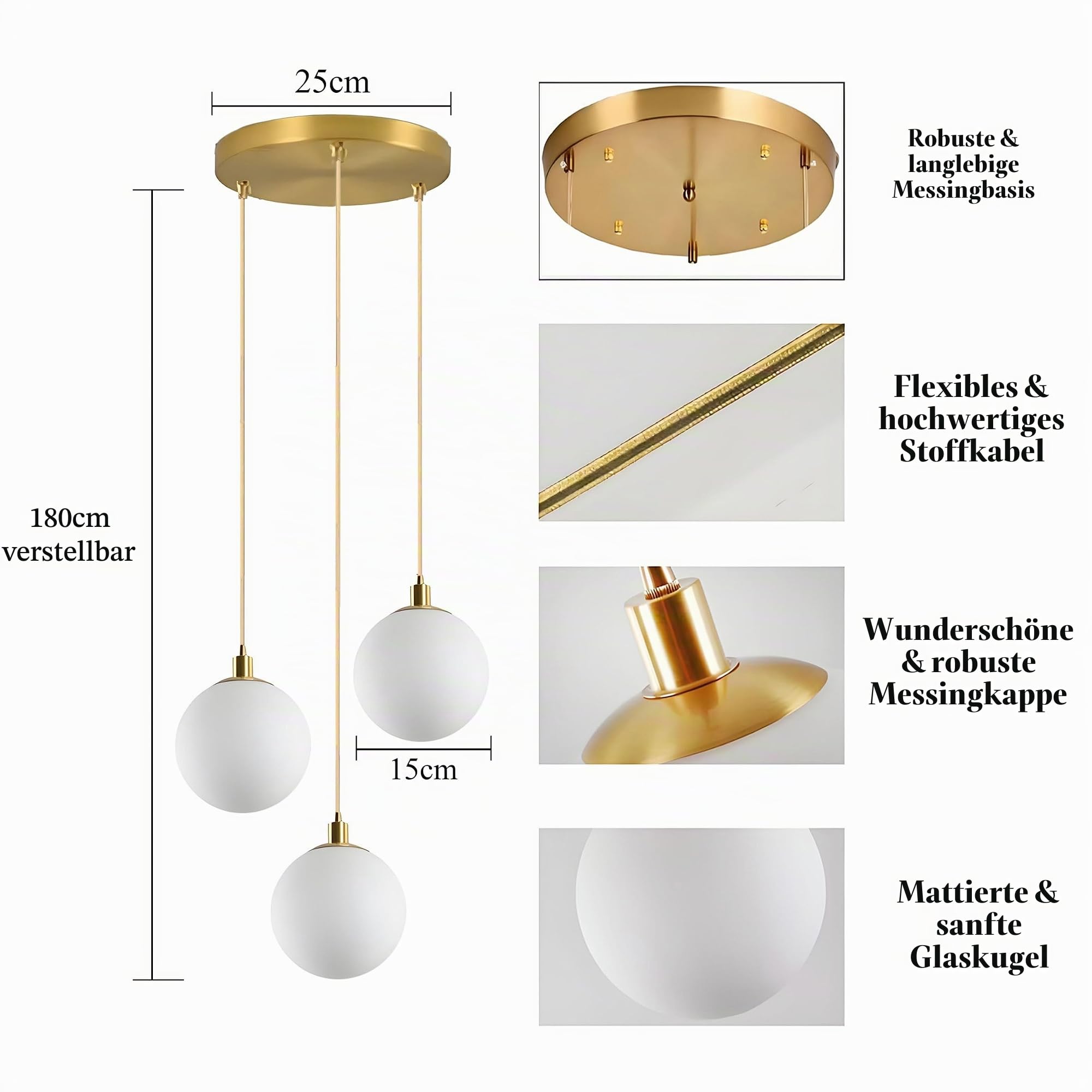 Glass Pendant Light Modern Minimalist 3 Light Globe Cluster 15cm/5.9" Hanging Lamp Adjustable Height Brass Base White Frosted Glass for Kitchen Island Dining Room