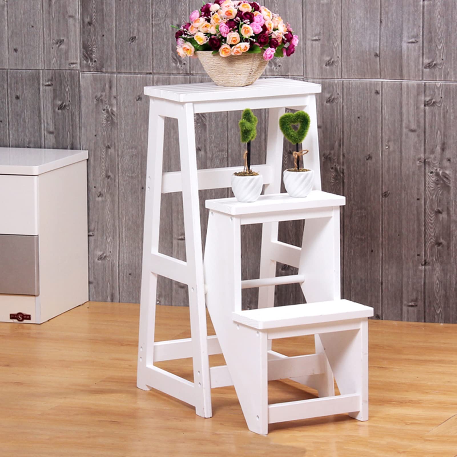 Taburete de escalera plegable en madera con 3 peldaños para cocina y hogar