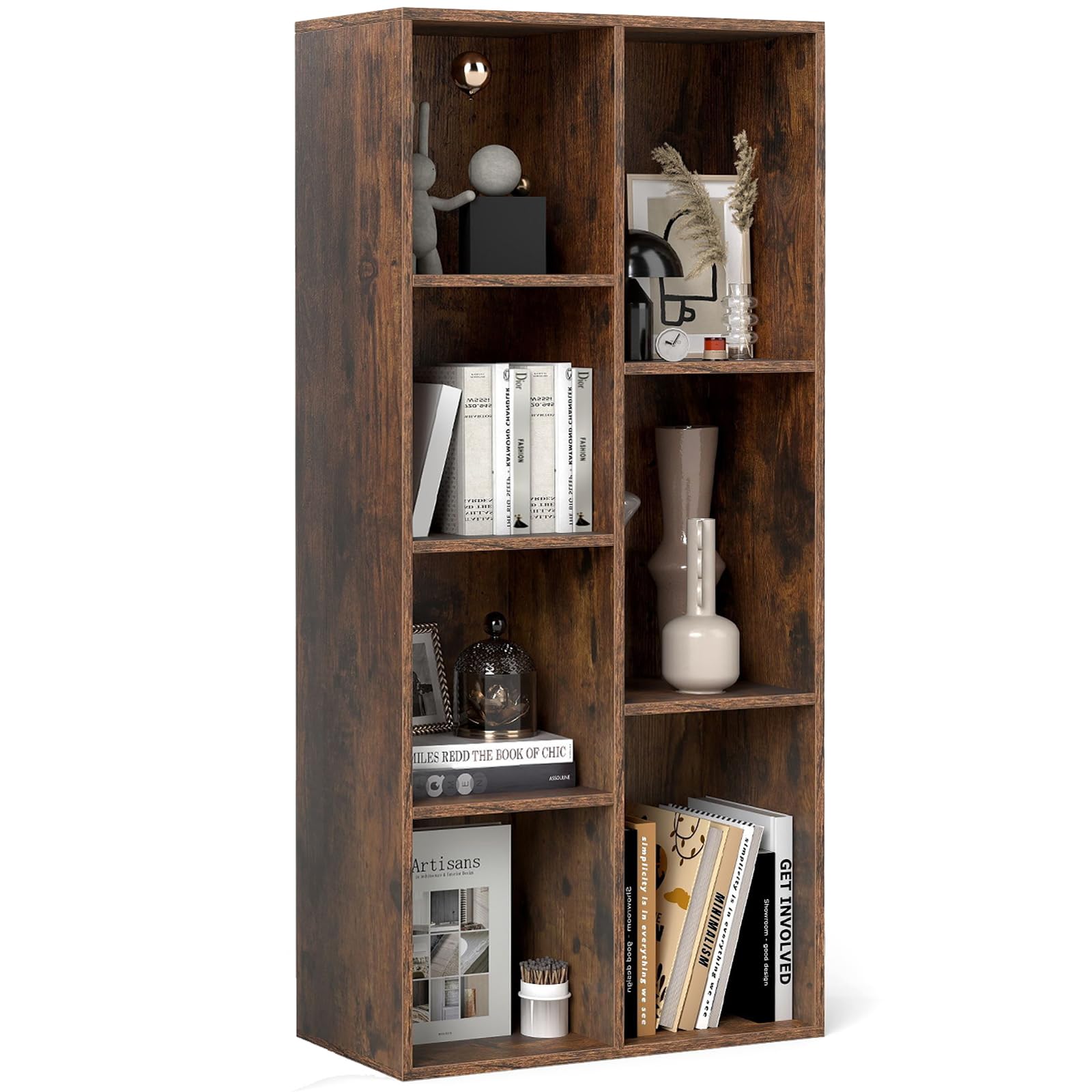 SFAREST 7/11-Cube Bookshelf, Freestanding Wooden Bookcase and Display Cabinet Organizer with Anti-Tipping Device, Modern Geometric Storage Units for Bedroom Living Room Office（Rustic Brown,7-Cube）