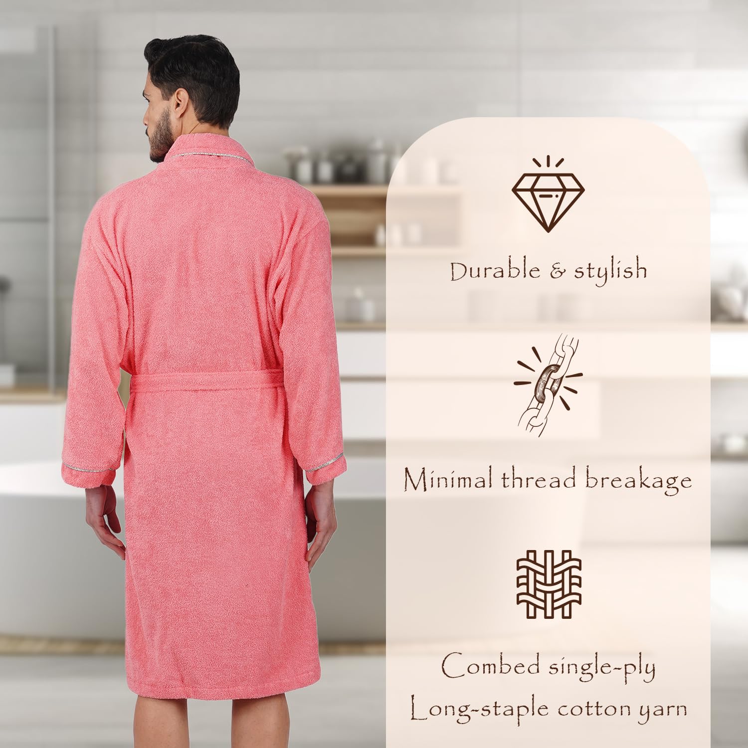 Rangoli Sunshine 100% Cotton Bathrobes For Men - Coral | 500 GSM Ultra-soft & Lightweight Bath Robe With Rope | Highly Absorbent Luxurious Bath Gown Robe For Man | After Bath Robe - Free Size - Image 3 thumbnail
