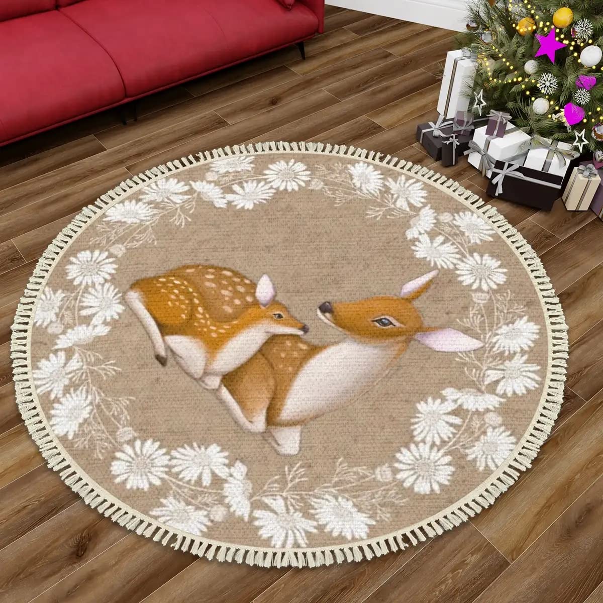 Round Boho Nursery Rug 4 ft Forest Animal Theme Cartoon Carpets Woodland Bedroom Decor Floral Deer Mom and Baby Area Rug Non Slip Circle Floor Mat for Boys Girls Room Playroom Classroom