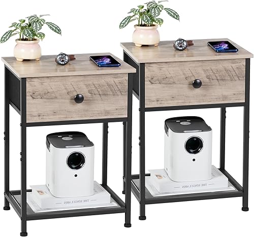 AMHANCIBLE Nightstands Set of 2 End Tables Living Room with Drawer Industrial Side Tables with Storage Shelf Night Stands for Bedroom Wood Metal