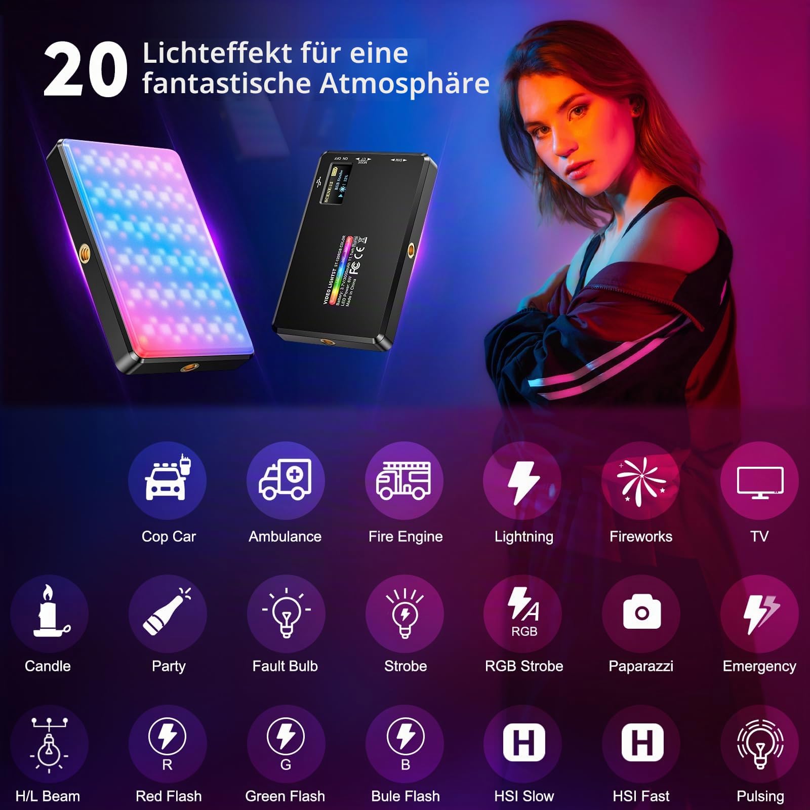 RGB LED Videoleuchte, Tragbares Selfie Licht mit 2500K–9000K, HUE 0–359°, 20 Lichteffekten, CRI 95+, Mini Fotolicht mit Clip & Tischstativ für Handy/Kamera/Laptop
