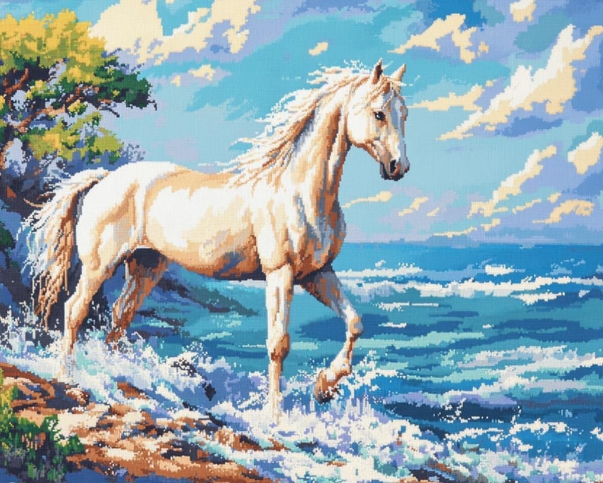 AxiangziK Cross Stitch Stamped Kits 16x20 inch,Horses on the Beach Embroidery Crafts Needlepoint Kit,Beginners Starter Kits,DIY Handmade Gifts 11CT 3 Strands