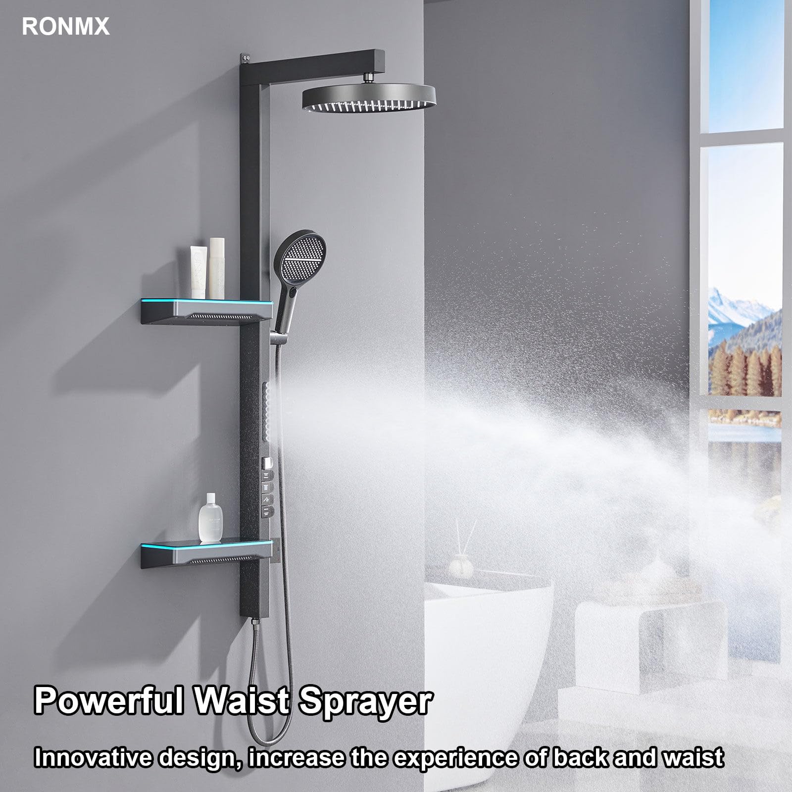 Sistema de Ducha Expuesto Mejorado 2025, Moderno Juego de Cabezal de Piano con 4 Modos (2 rociadores Laterales y 1 rociador Trasero), Grifo de 320 mm, Kit Completo de baño de Cobre