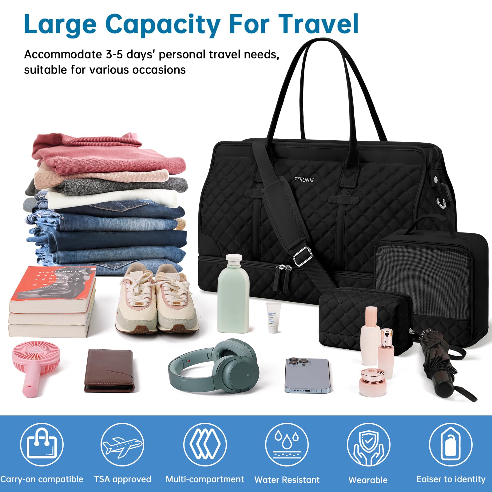 ETRONIK WETRONIK Weekender Overnight Bag for Women, Large Travel Duffle Bag with Shoe Compartment & Wet Pocket,eekender Overnight Bag for Women, Large Travel Duffle Bag with Shoe Compartment, Dark