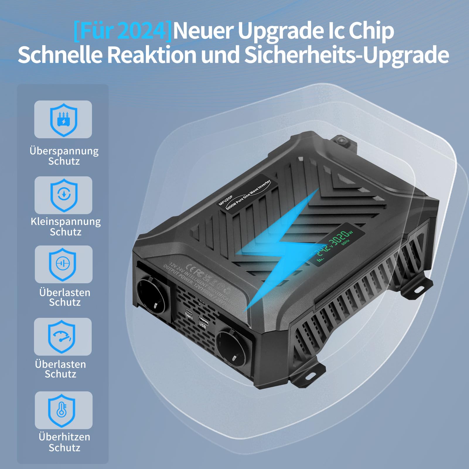 MFUZOP Power Inverter 12v 24V 220v onda pura 1500W/3000W Convertitore con sistema di rilevamento intelligente, con 2 prese AC, 1 porta Type-C, 1 porta USB 5V 2.1A & LCD-Display