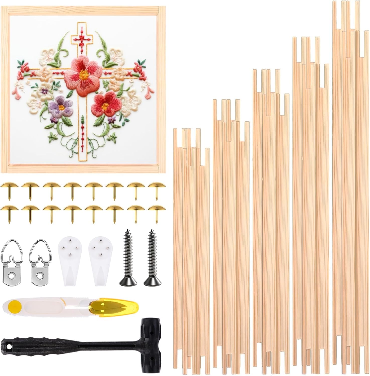 20Pcs Wooden Needlepoint Stretcher Bars Set 5 Sizes (6/8/10/12/14 Inch) Embroidery Cross Stitch Frame with Thumb Tacks Mounting Hardware for Cross Stitch, Needlework, Fabric Art Crafts