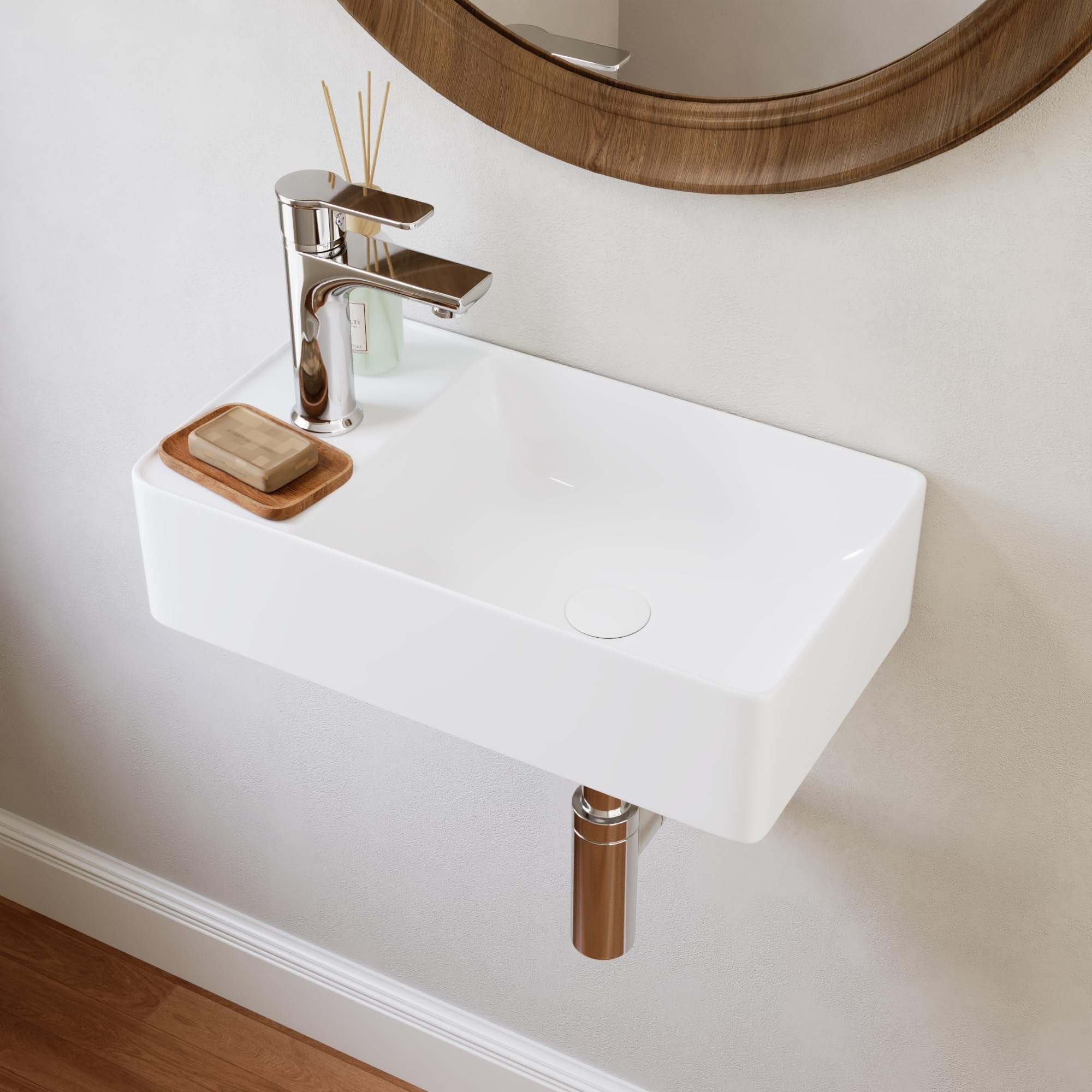 DeerValley Wall-Mounted Bathroom Sink, 18" x 10" Modern White Rectangular Ceramic Floating Vessel Wash Basin, Pop-Up Drain Included