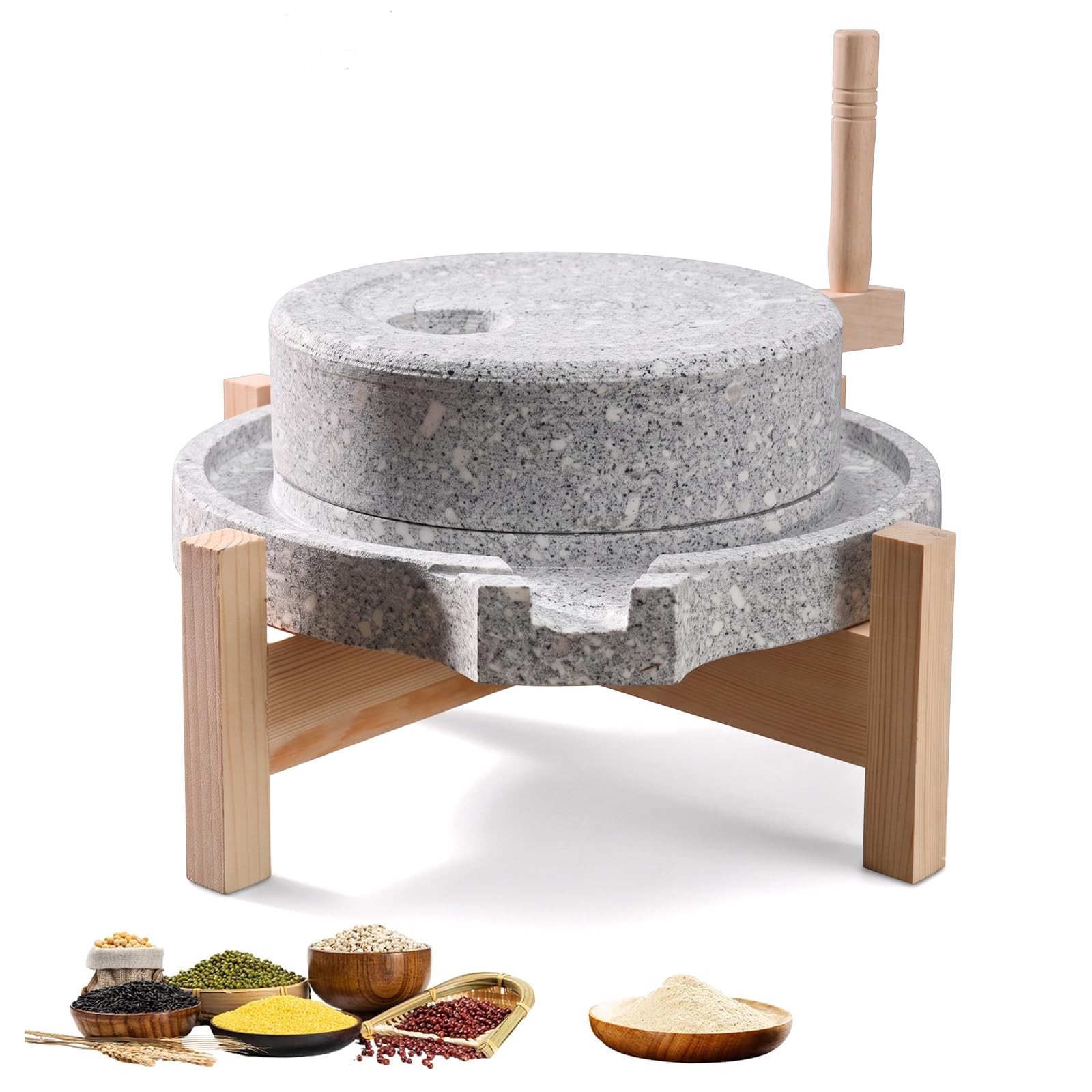 Ręczny młynek do zbóż, z kamienia naturalnego, 35 cm – ręcznie wykonany młynek do kamienia ze stojakiem drewnianym, młynek na mokro/sucho, do pszenicy, fasoli, jęczmienia, przypraw i kawy