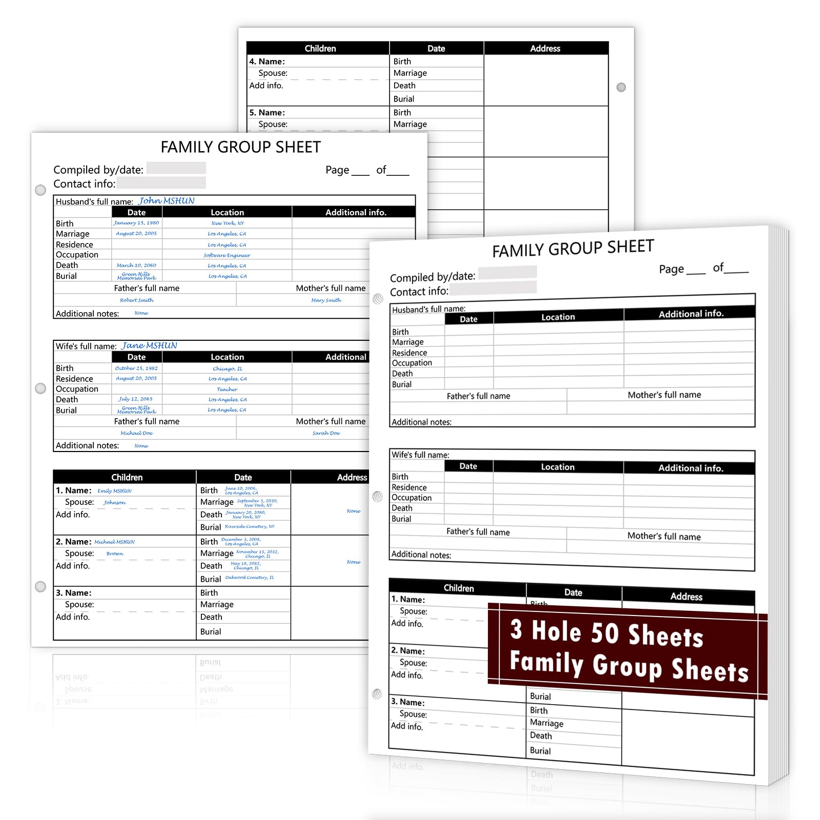 50 Sheets 3 Hole 12th Generation Family Group Sheets 8.5×11 inch Blank Genealogy Forms Two-Sided Family Tree Charts Genealogy Worksheets Family Tree