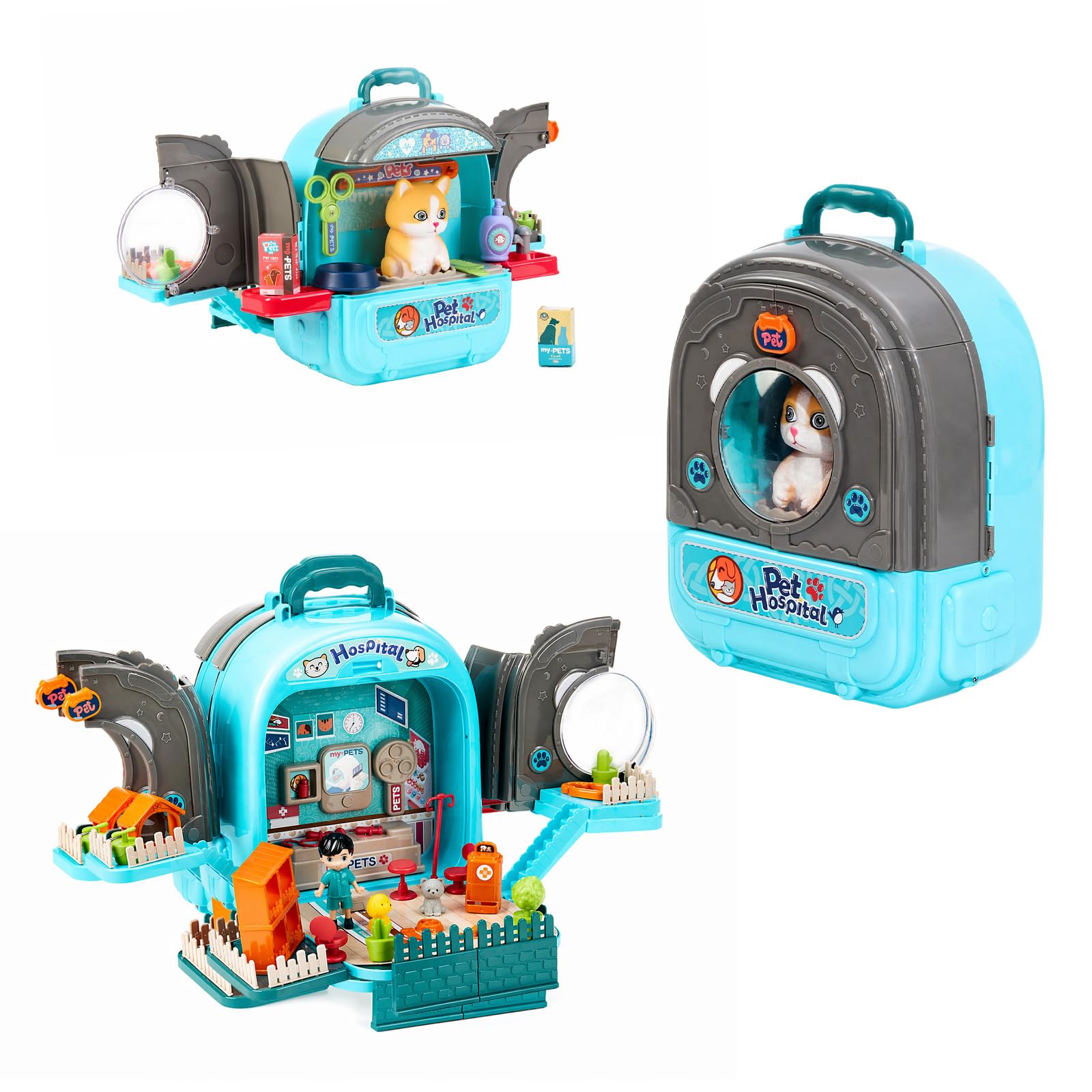 EVERGOODS Puppy Care Backpack Playset – Stylish, Functional, Realistic Accessories, Portable, Plush Toy Set for Kids Pretend Play Toy (Blue)