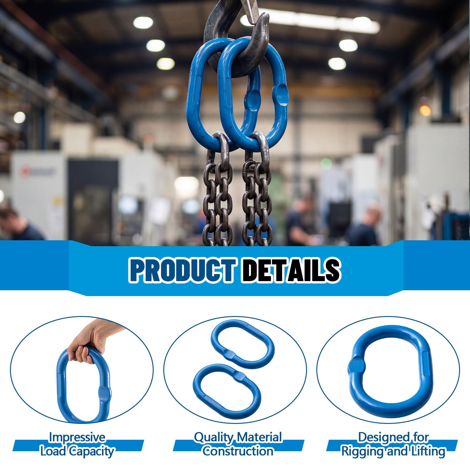 Confezione da 2 maglie oblunghe da 2,5 cm, catena in acciaio legato grado 100, capacità di carico di 10 tonnellate, anello di sollevamento resistente per sollevamento, sartiame, traino e