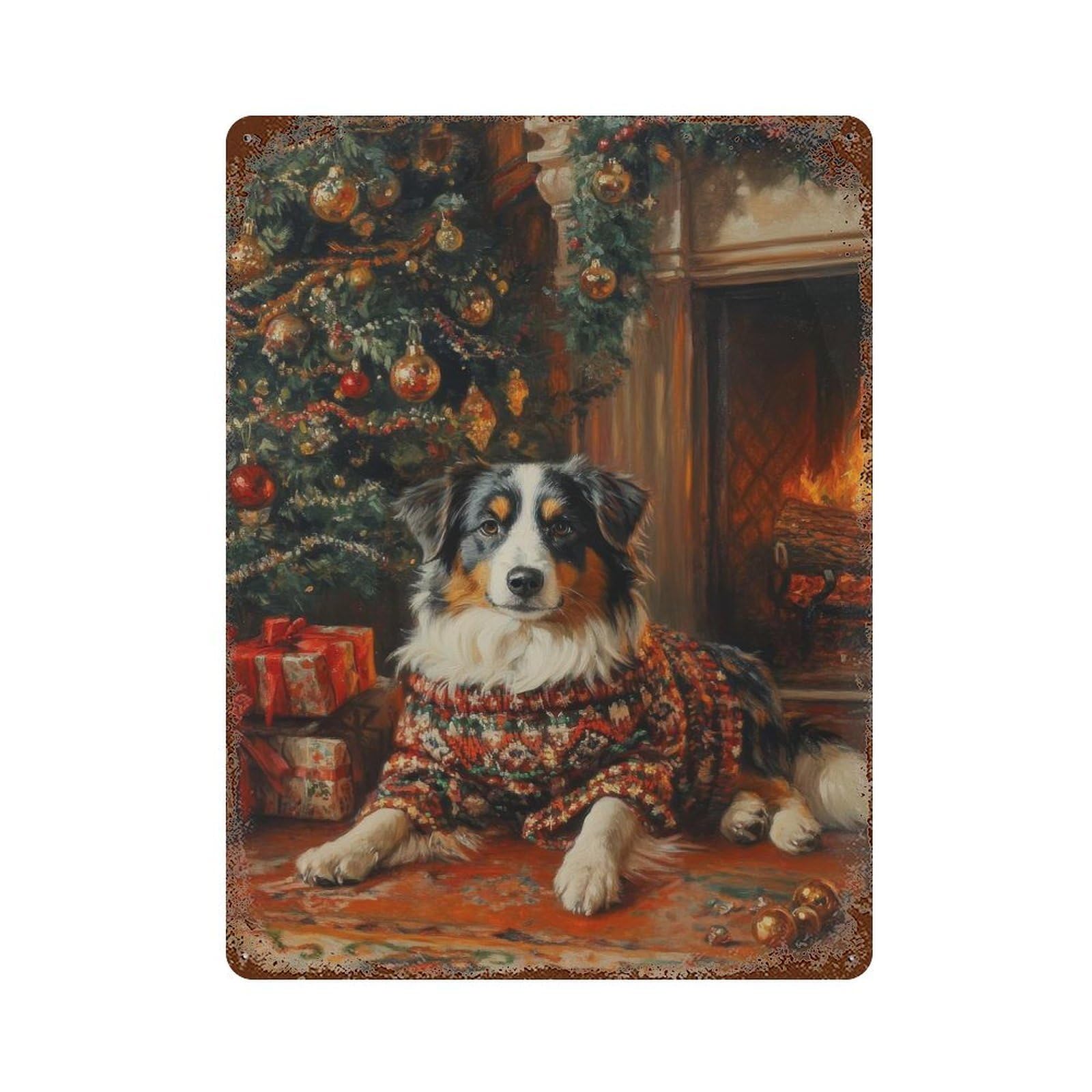 Australian Shepherd Holiday Art Dog in Sweater by Christmas Tree 15.7"x11.8" Aged Metal Wall Plaque, Retro Wall Decor for Farmhouse, Kitchen And Entryway Decor