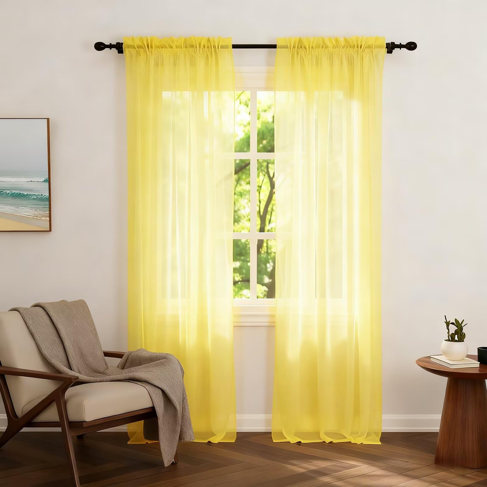 Zdada Net Curtains for Windows 108 Drop, Yellow Slot Top Voile Curtains, Semi Transparent Sheer Curtain Net Curtain Panel for Living Room Kitcken W60xL108 Inch,2 Panels — image 1