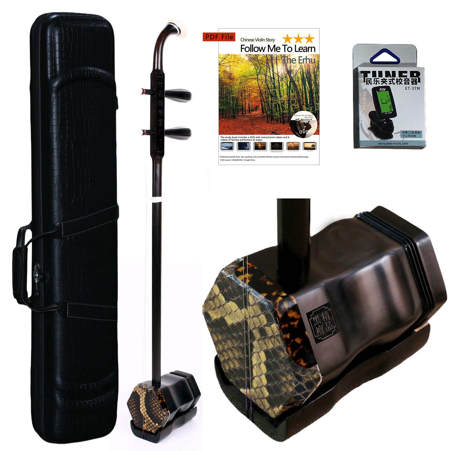 NS Musical 3-Star Professional Black Sandalwood Erhu, Suzhou Made 2-String Chinese Violin, NICOSHINE Erhu Set (with Professional Tuner, Rosin, Cleaning Cloth, Bridge, and Black Hard Case Accessories)