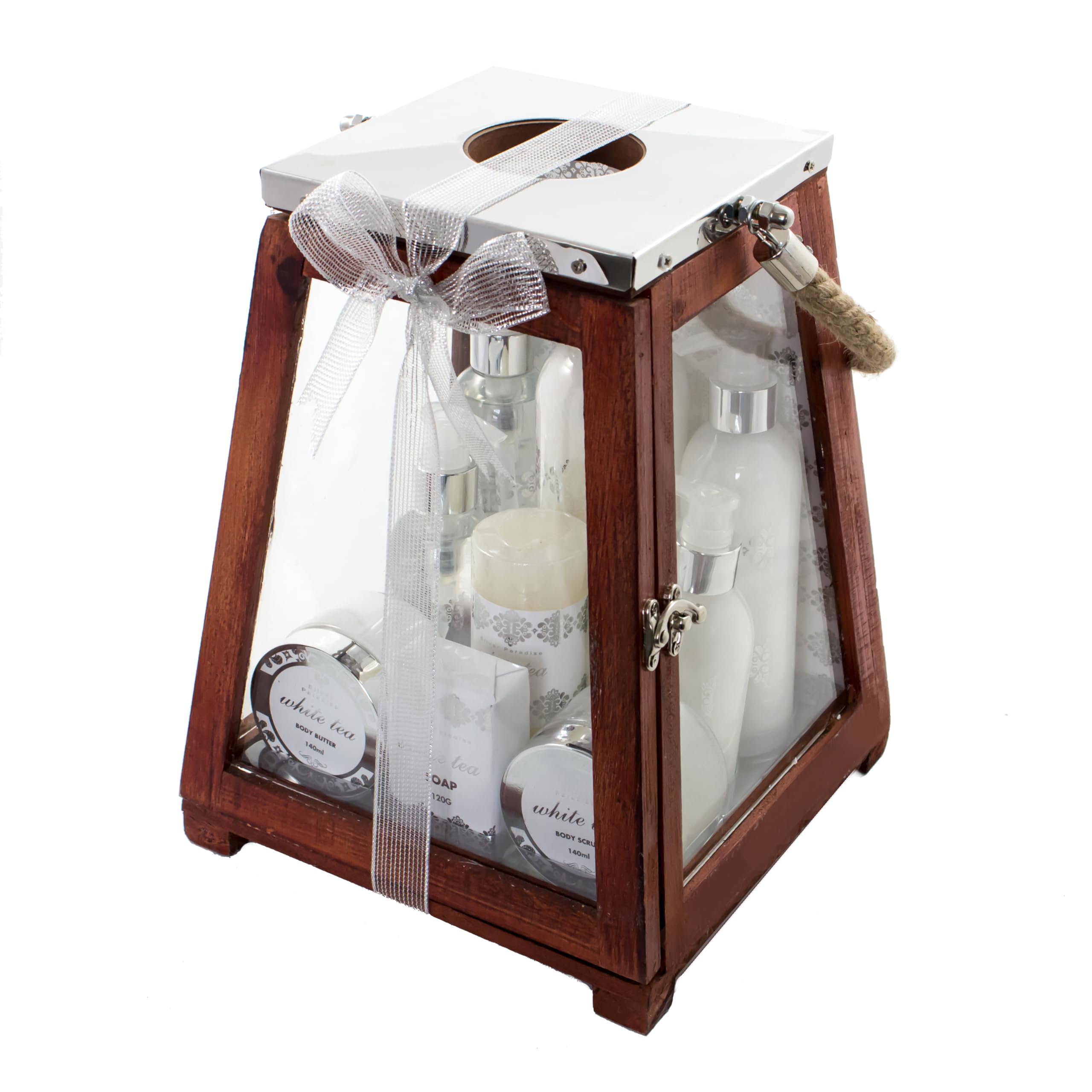 Accentra Set de baño de regalo para mujer, 8 productos de bienestar y bienestar con aroma reconfortante de té blanco y una vela empaquetada en un gran farol de madera.