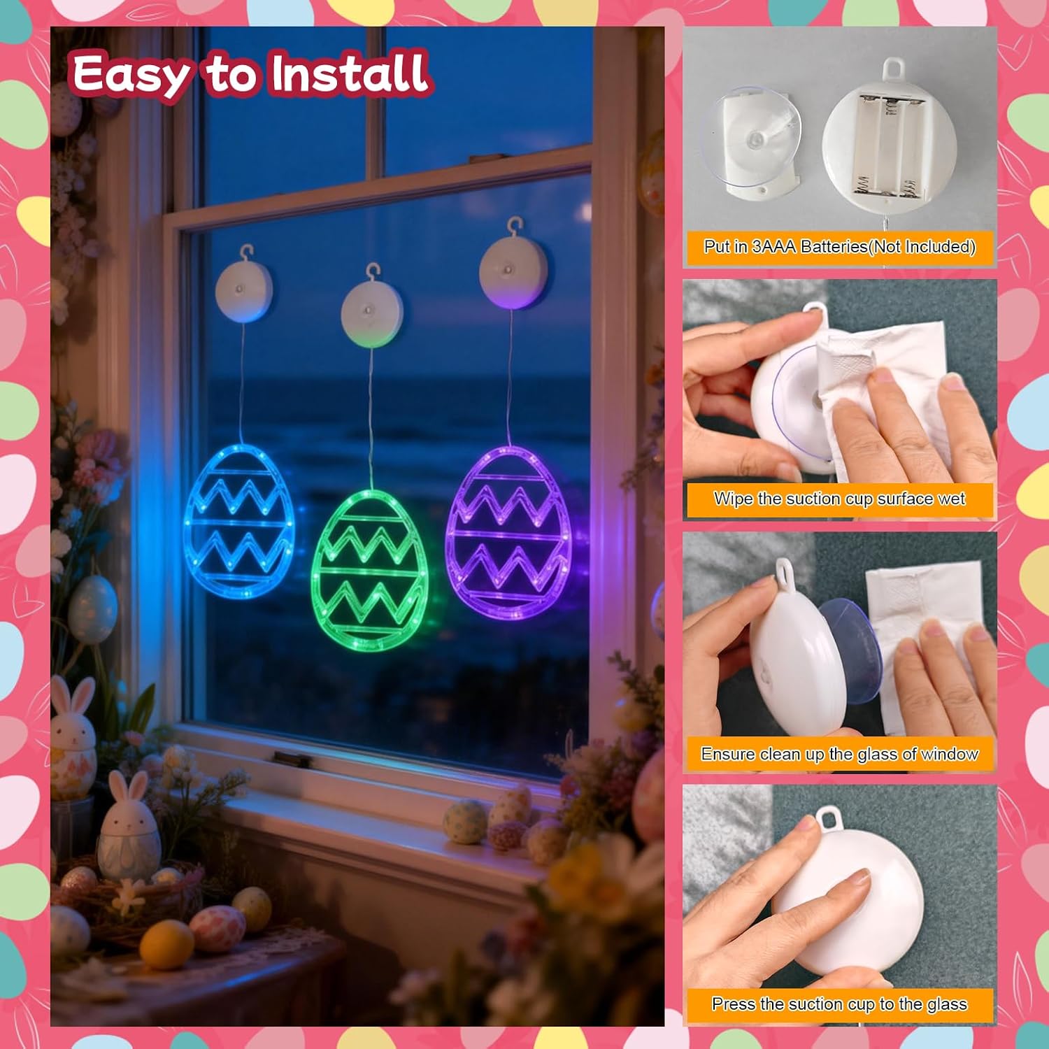Easter Window Lights Decorations, 3 Pack Easter Hanging Window Decor Purple Green Blue Egg Lights with Suction Cup, Indoor Battery Operated Egg LED Holiday Lamp for Door Window (Purple Green Blue)