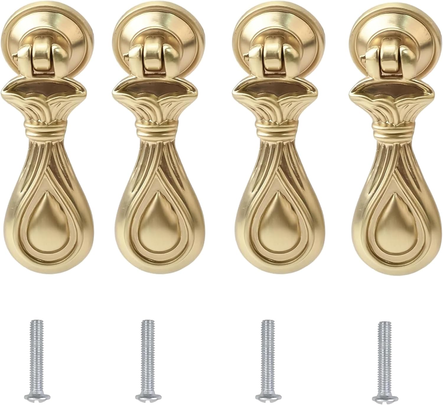 4Pcs Water Drop Flower Drawer Handles - Vintage Zinc Alloy Single Hole Dresser Ring Pulls, Solid Brass Tear Drop Pull Cabinet Handles for Furniture, Cupboard & Wardrobe Door (Gold)