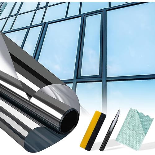 Niviy Window Privacy Film One Way Privacy Windows Film with Installation Tools, Reflective Window Tint, Summer Windows Decoration and Heat Control 99% UV Blocking (Black-Silver, 17.5 x 78.7 inch)