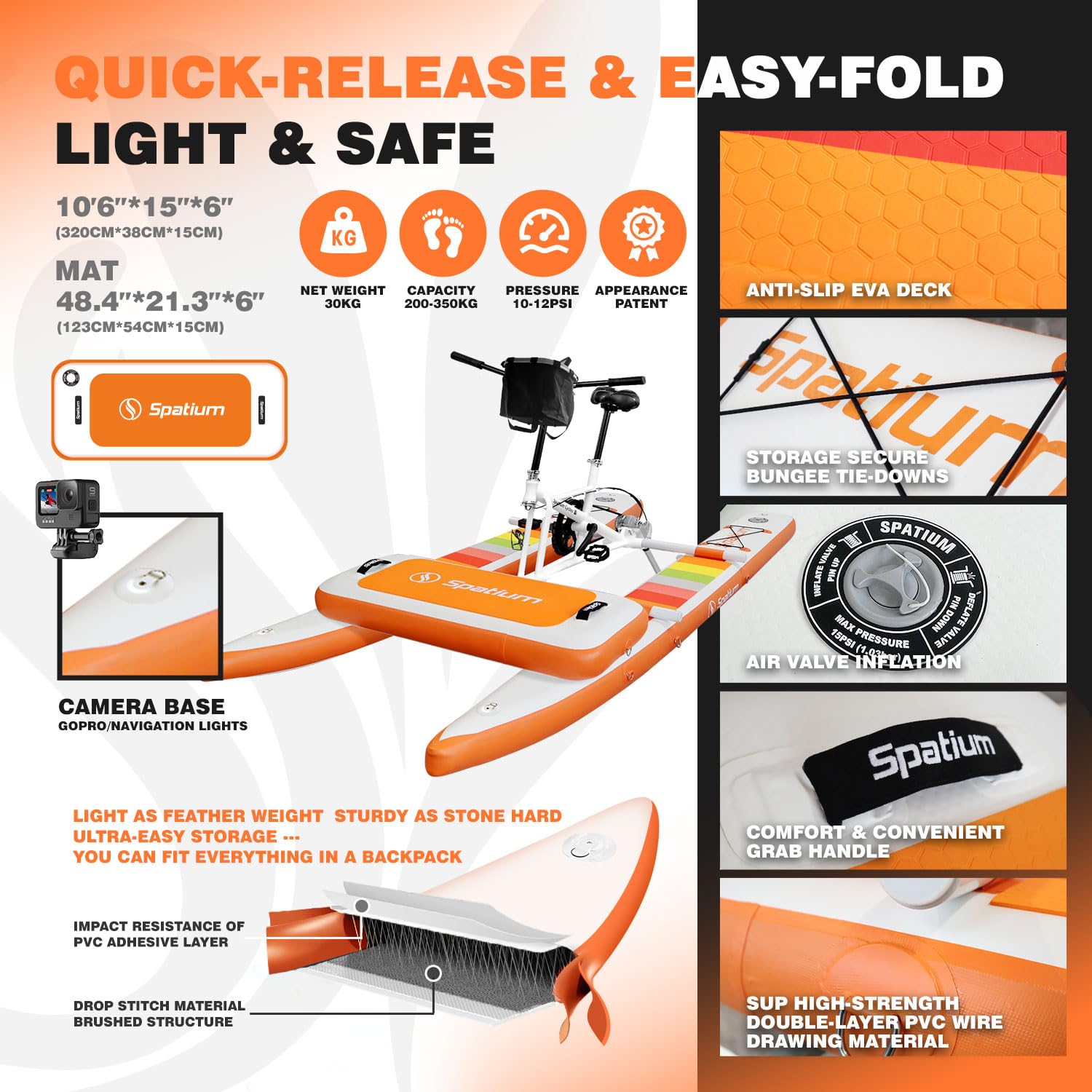 Inflatable Water Bike 3.0 Water Bikes for Lake for Adult Inflatable Pontoon Water Bicycle 3-bladed Propeller One-Piece Rear Gear SUP Water Bike with Mat,Orange