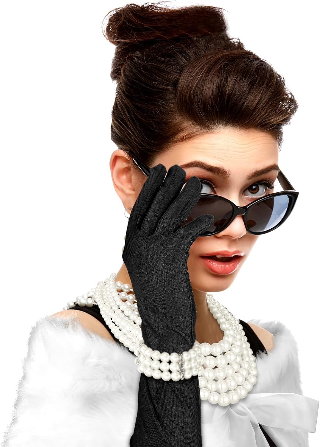 7 Pcs 1920s Flapper Costume Accessory for Women Vintage 1950s Accessory Faux Fur Shawl with Sunglasses Pearl Strand Necklace Tiara Long Black Gloves for Halloween Cosplay Costume