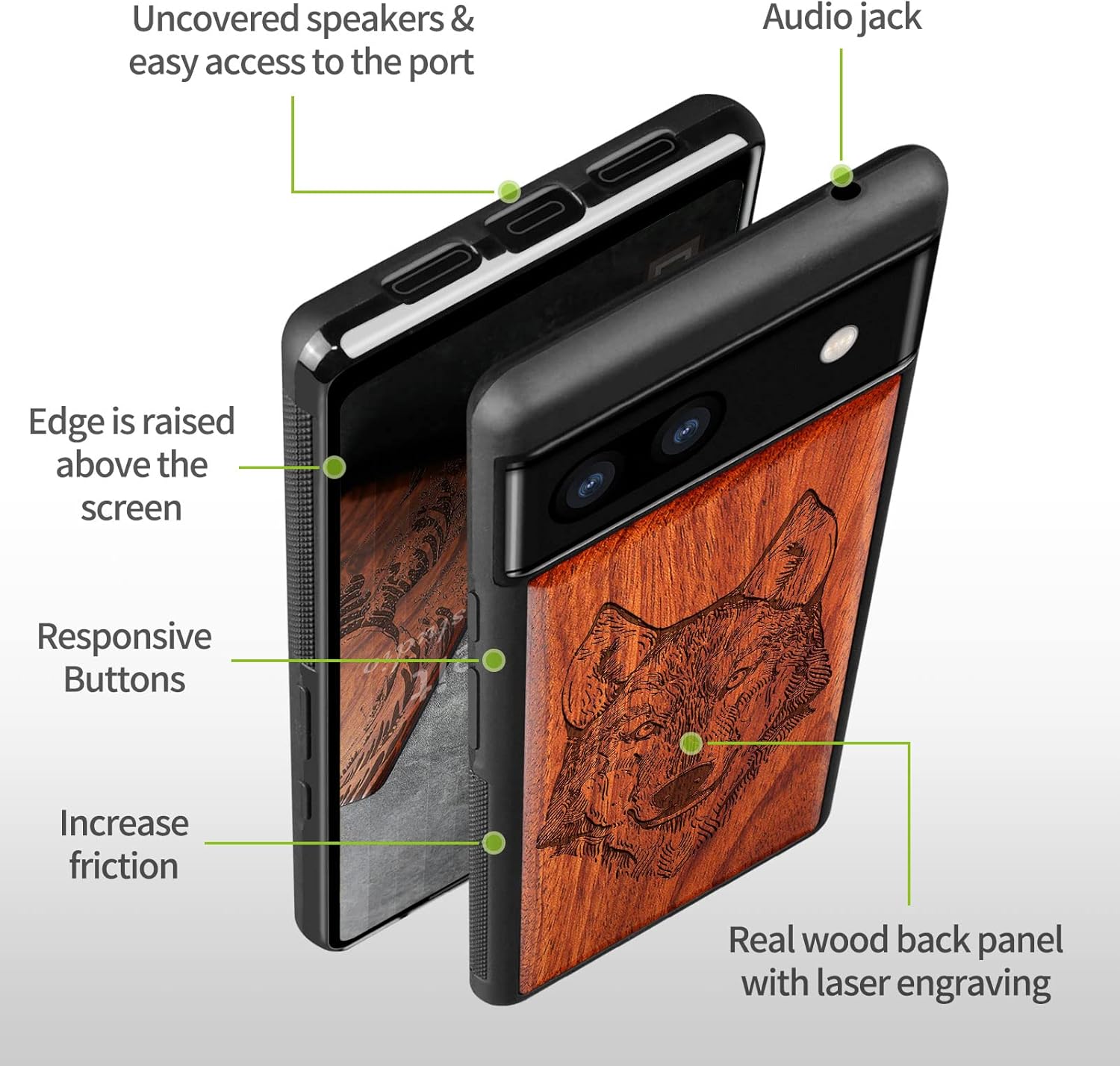 Carveit Wood Case for Pixel 6a Case [Natural Wood & Black Soft TPU] Shockproof Protective Unique & Classy Wooden Cover Compatible with Google Pixel 6a (Wolf Head-Rosy)