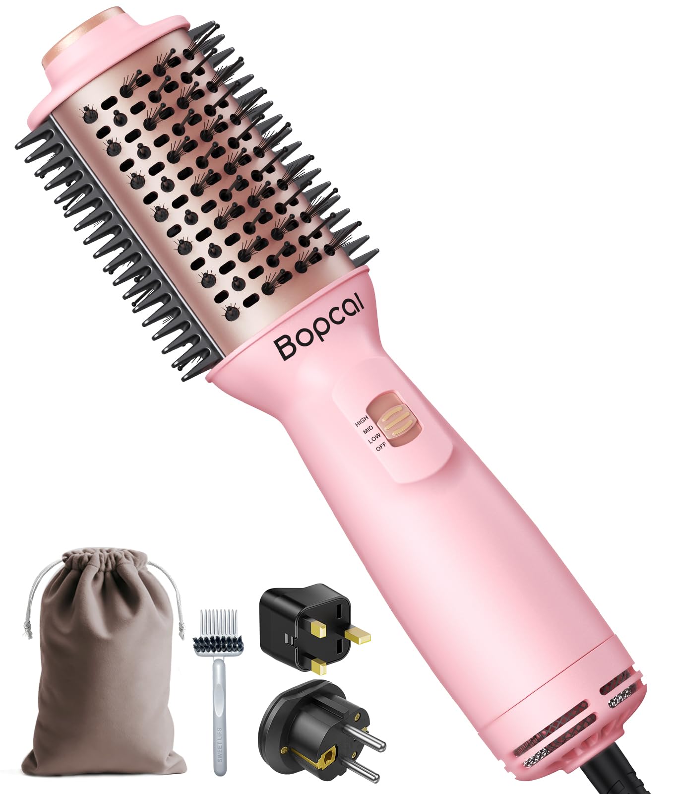 Bopcal Mini Spazzola Asciugacapelli da Viaggio 4 in 1 - Ionico Spazzola ad aria Calda Doppia Tensione Auto, con Spina US e UK, per Asciugatura, Lisciatura, Arricciatura e Volume ZCY892-B