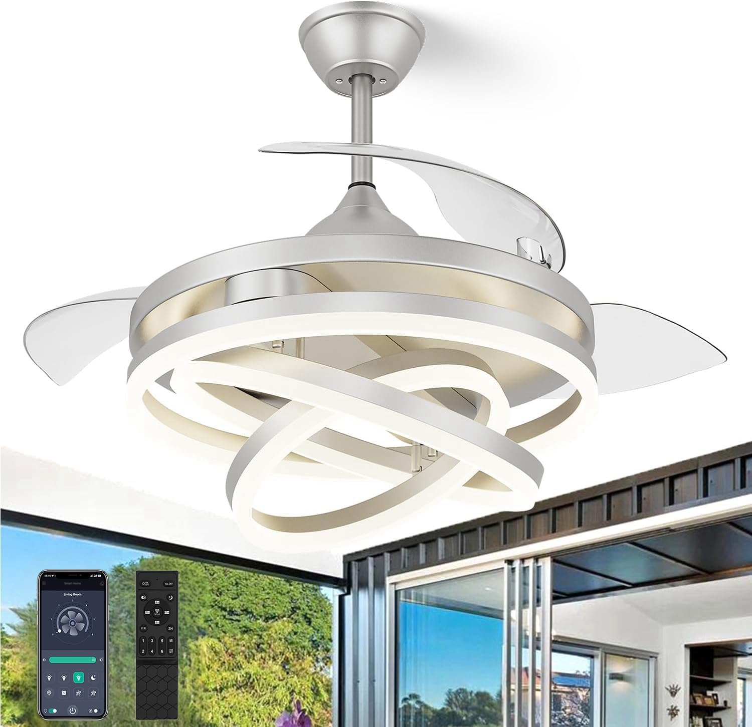 42 Inch Retractable Ceiling Fan, Chandelier Ceiling Fans with Lights, Silent DC Motor, 6 Speeds, 3 Color Changing for Bedroom Living Room (Silver)