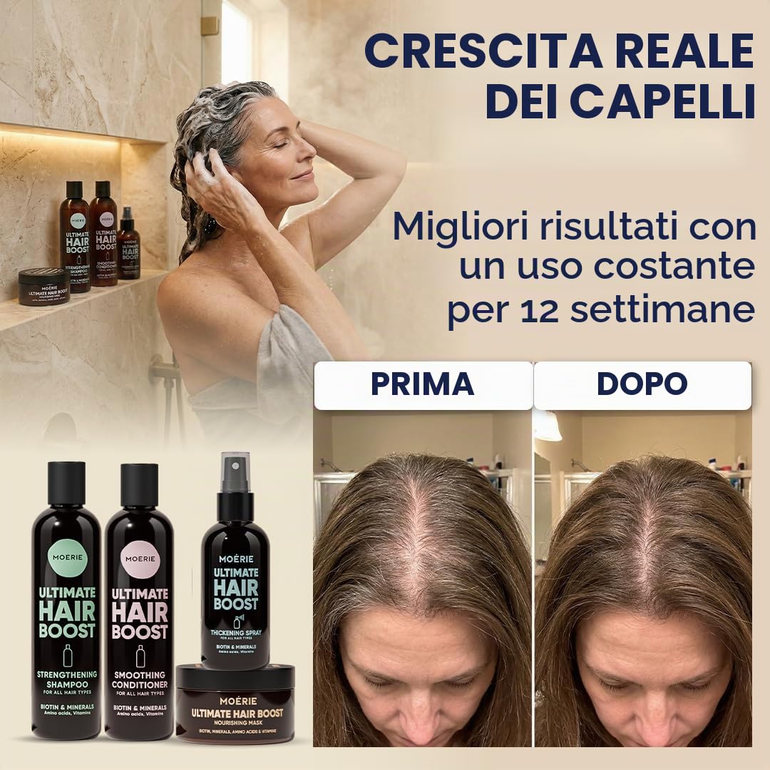 Set capelli Moérie shampoo e balsamo con maschera e spray, prodotti per crescita capelli premium, per capelli più lunghi e folti, prodotti volumizzanti capelli senza parabeni/silicone, 8 articoli