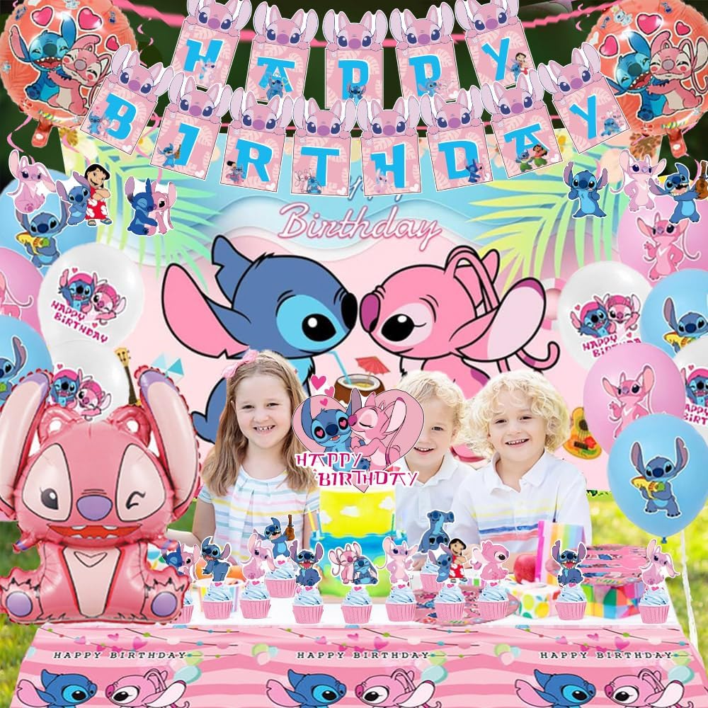 Pink Cartoon Theme Birthday Party Supplies Decorations, Including Birthday Banner, Tablecloth, Backdrop, Hanging Swirls, Balloons, Cake Toppers, Plates, Forks, Spoons for Cute Party