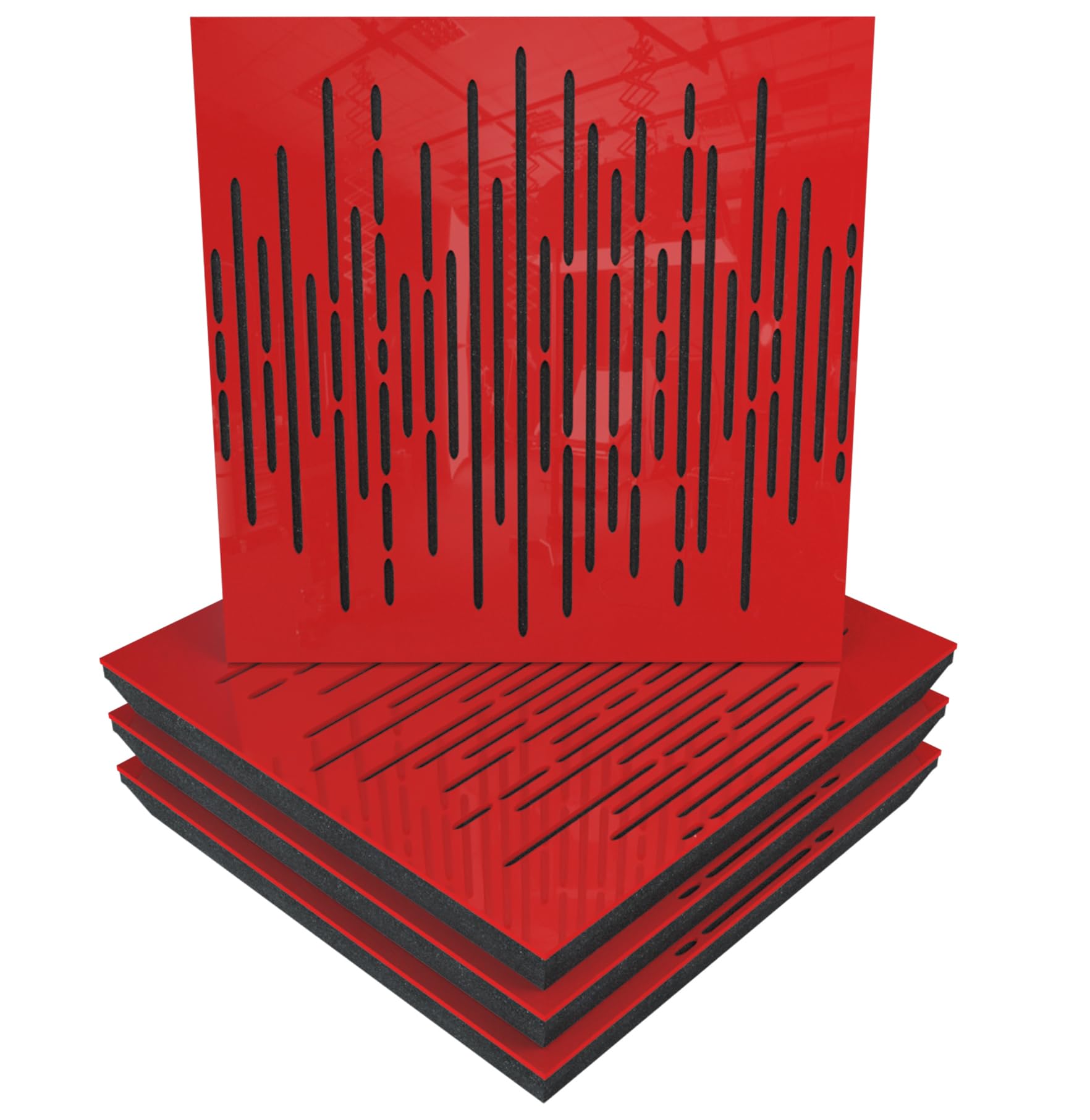 Lot de 4 panneaux acoustiques absorbants et diffusants | 50x50x5 cm | Absorption - Diffusion - Réflexion - Correction acoustique | Bois perforé laminé : [x4 WAVE | Plastique rouge brillant]
