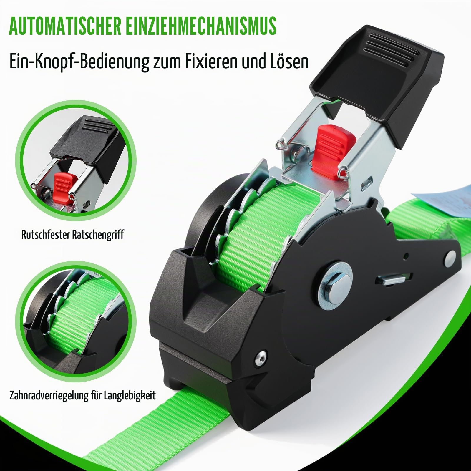 TLGREEN Automatik Spanngurt 4 Stück, 3 m x 25mm, Selbstaufrollende Spanngurte mit S Haken, 748kg Bruchfestigkeit, Zurrgurt für LKW, Anhänger, Motorrad, Fahrrad & Mehr, Ratschengurt, Grün | Selbstaufrollende Spanngurte, Ratschengurt mit S Haken, Zurrgurt f