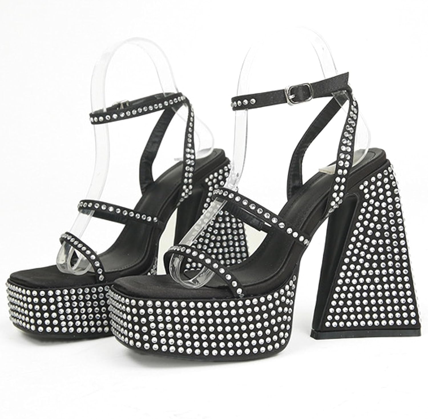 Women's Rhinestones High Heel Platform Chunky with Diamond Pave Buckle Up Open Toe 2 Straps Pumps 14cm/5.5in Sandals