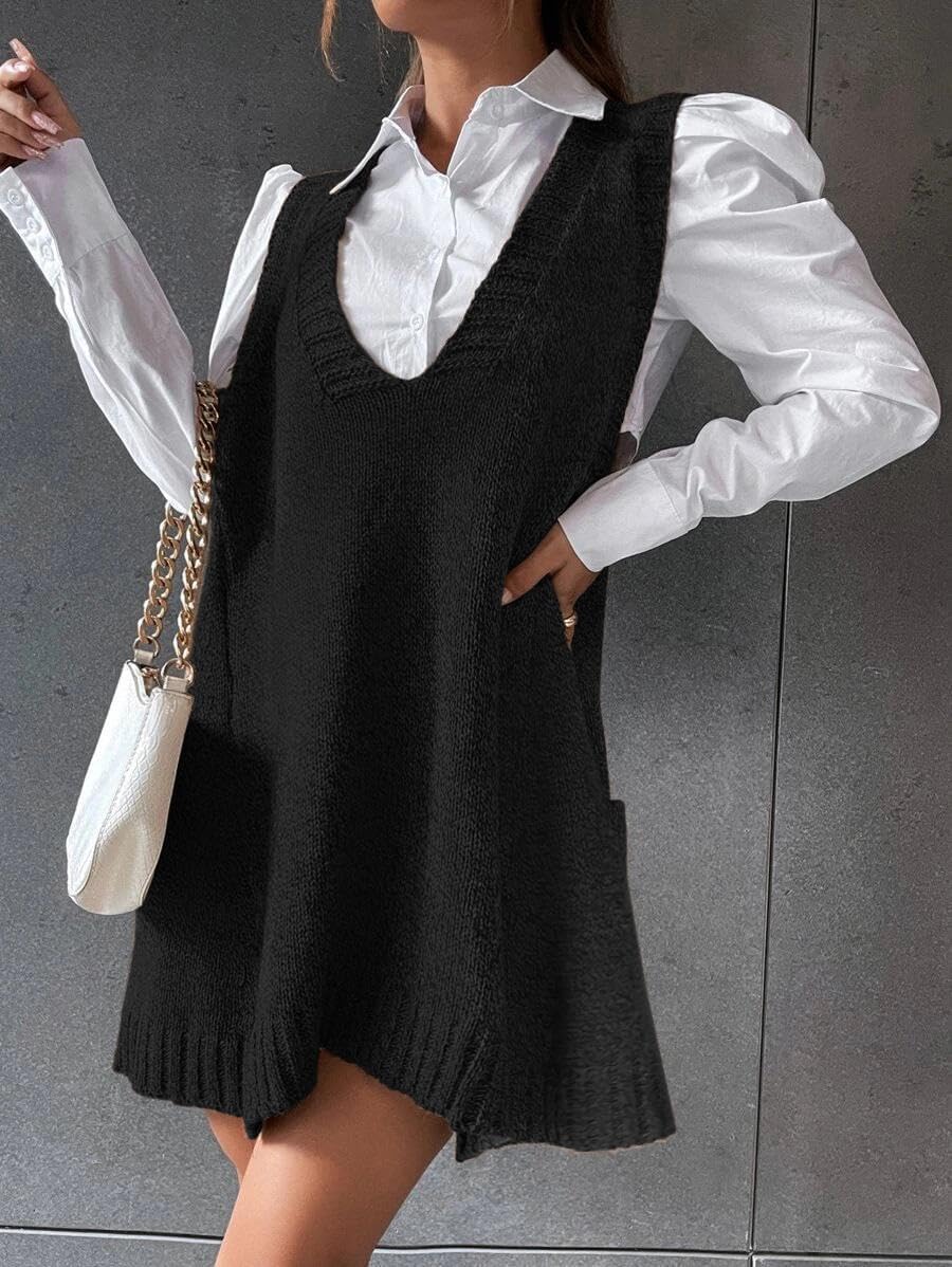 Zeagoo Womens Sweater Vest Dress Pattern Knitted Pullovers Sweaters V Neck Tank Sweater Dress with Pockets - Image 2