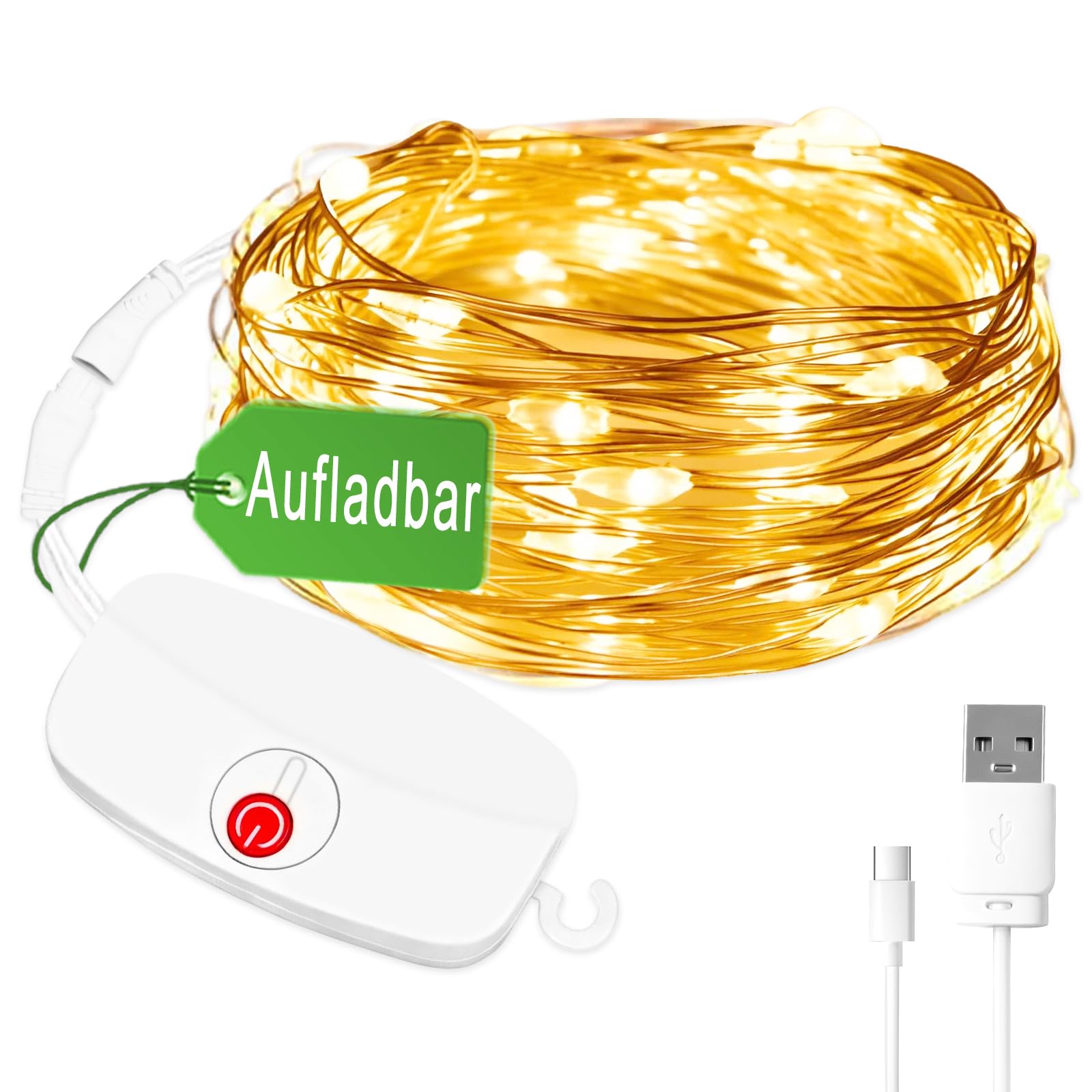 Mini Lichterkette aufladbar, 8 Modusmit Timing,5M 50LED Akkulaufzeit 50Std,Timer-Modus kann es bis zu etwa 8 Tage halten,Abnehmbares Batteriefach,für Weihnachten, Hochzeit, Party Deko Warmweiß