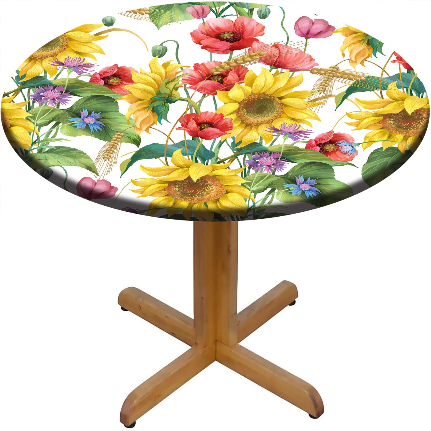 EGVRNFJM Round Yellow Sunflower Table Cloth, Waterproof Elastic Fitted Outdoor Tablecloths for 44" Tables, Wipeable Table Cover for Camping, Dining