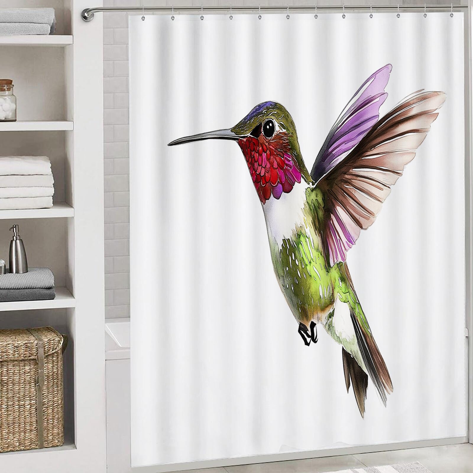 Rideau De Douche Colibri en Vol Animaux À L'Aquarelle Tissu Imperméable Lavable avec Crochets Anti Moisissure en Polyester Rideau Douche pour Salle De Bain