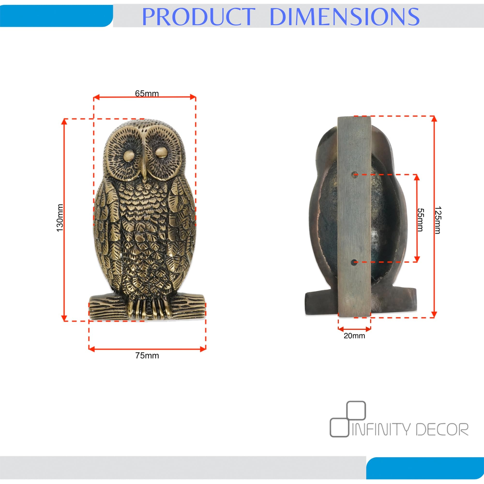 Infinity Decor Aldaba de latón macizo con forma de búho en acabado de latón antiguo, aldaba de mano de alta calidad para muebles de puerta delantera de entrada