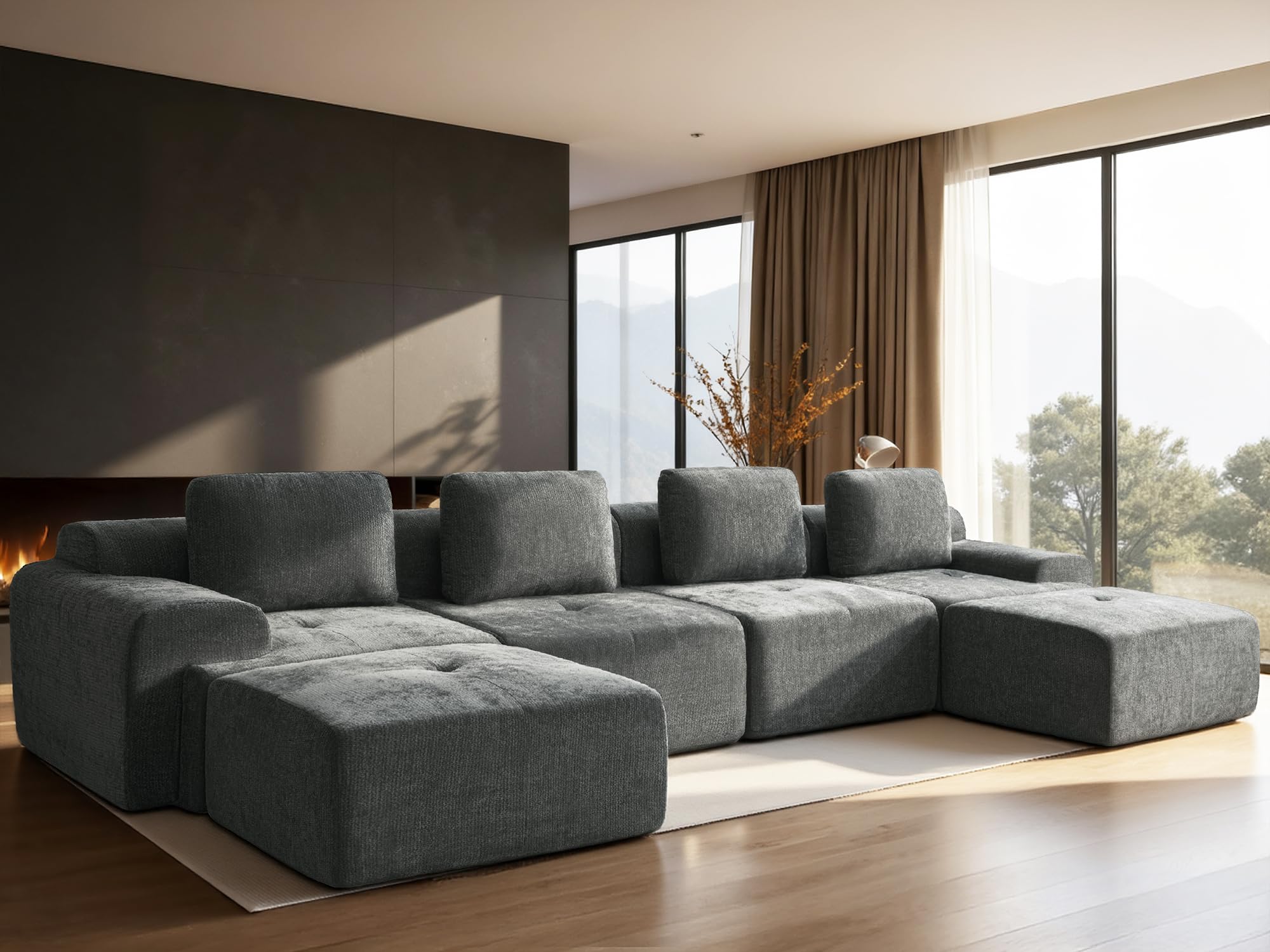 159" U-Shaped Modular Sectional Sofa, Oversized Boneless Cloud Couch for Living Room with Extra Deep Seat &amp; High Back, Tool-Free No Assembly, Soft Chenille (Dark Grey, 159 inch-U Shaped（4+2）)