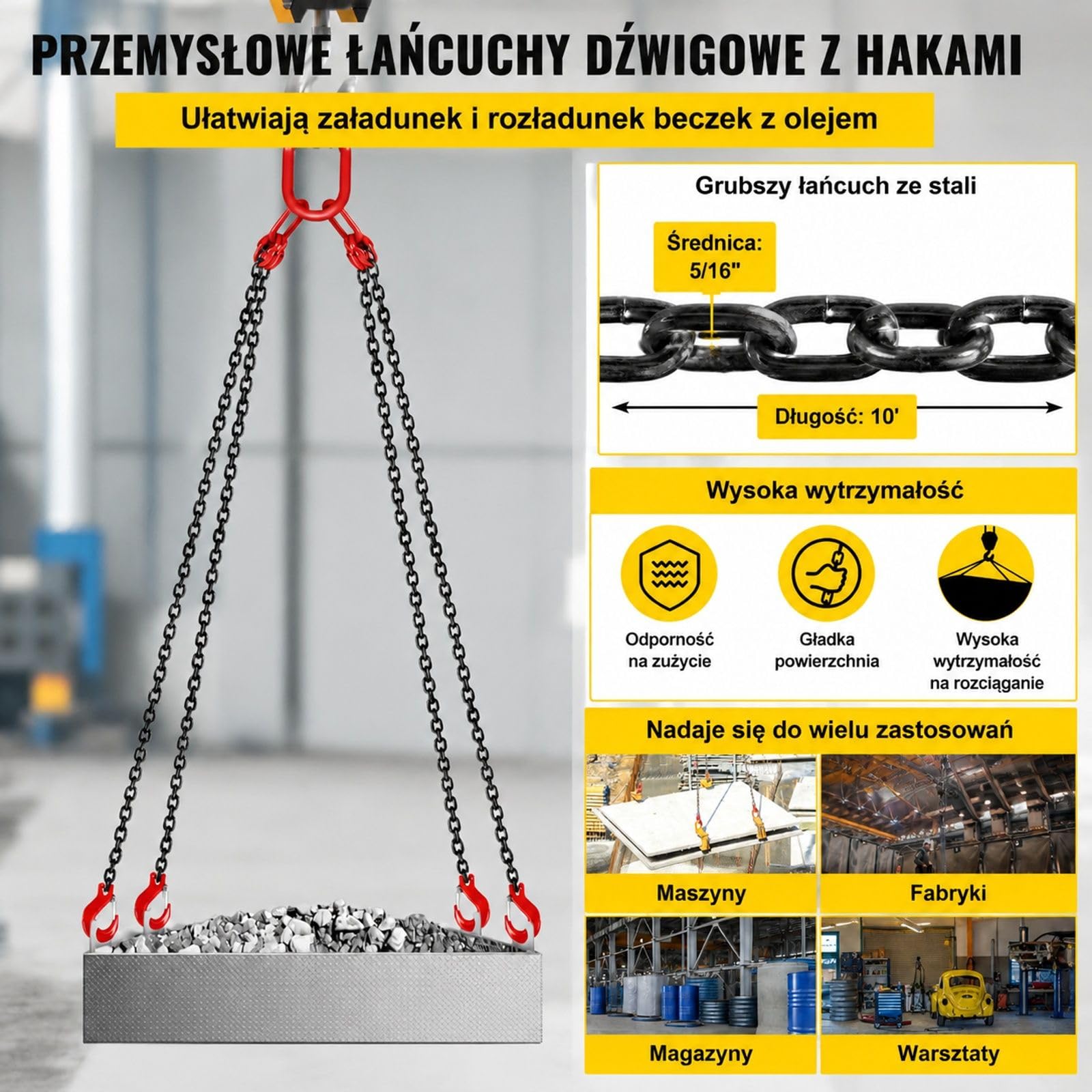 Zawiesie łańcuchowe z 4 cięgnami i hakami do podnoszenia oraz prac magazynowych