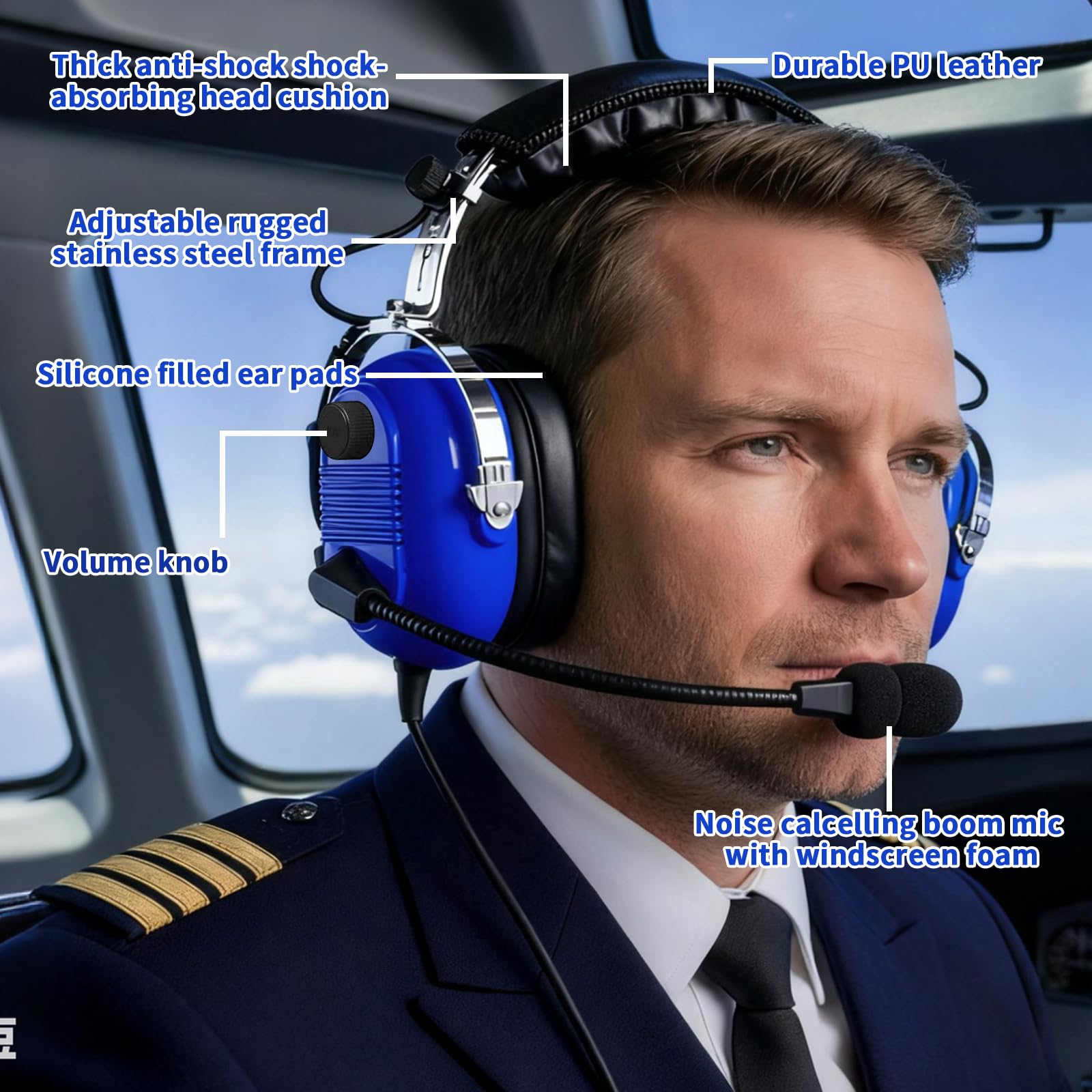 WODASEN Casque pilote d'aviation pour étudiants, école de vol, casque d'aviation à suppression passive du bruit, avec micro perche, contrôle du volume, double prise GA 24 dB, compatibilité mono et