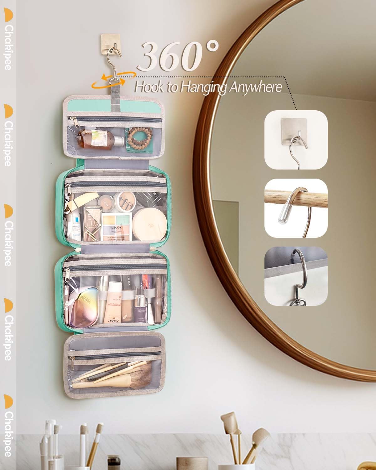 Travel Hanging Toiletry Bag for Women - Waterproof Cosmetic Organizer with Clear Window, Lightweight Bathroom Bags for Essentials, Makeup, Shampoo, Toiletries Green, Medium