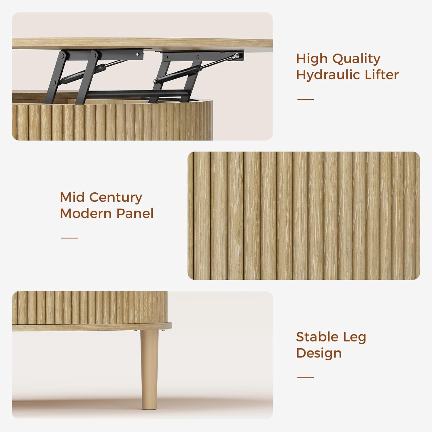 Round Lift Top Coffee Table, Modern Coffee Table with 180° Curved Sliding Door, Fluted Accent Coffee Tables with Hidden Storage and Open Shelves, for Living Room, Office, Oak