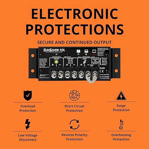Miniatura 4 de Morningstar SunSaver 10A PWM Controlador de carga solar (SS-10L-24V) - Regulador de panel solar para baterías de 24V, carga de batería de cuatro