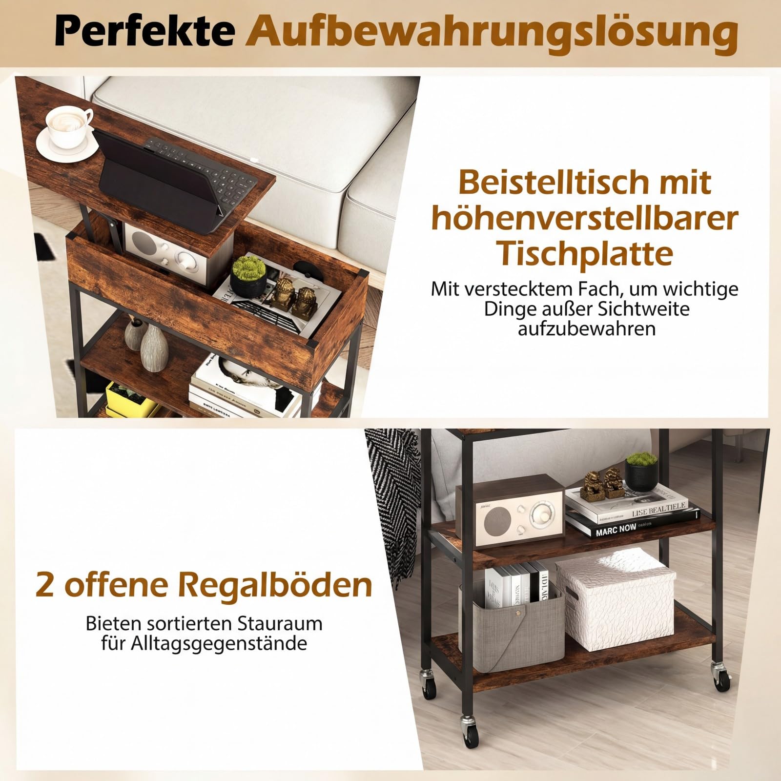 COSTWAY Beistelltisch mit Hebeplatte & Ladestation, rollbarer Couchtisch mit verstecktem Stauraum & offenen Regalen, Sofatisch schmal für Wohnzimmer & Schlafzimmer