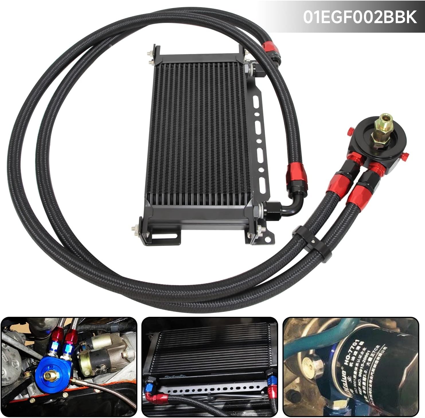 Universal 19 Row AN10 Engine Transmission Oil Cooler Kit with Oil Filter Sandwich Plate Adapter, Oil Cooler Mounting Bracket and Hose Line Kit