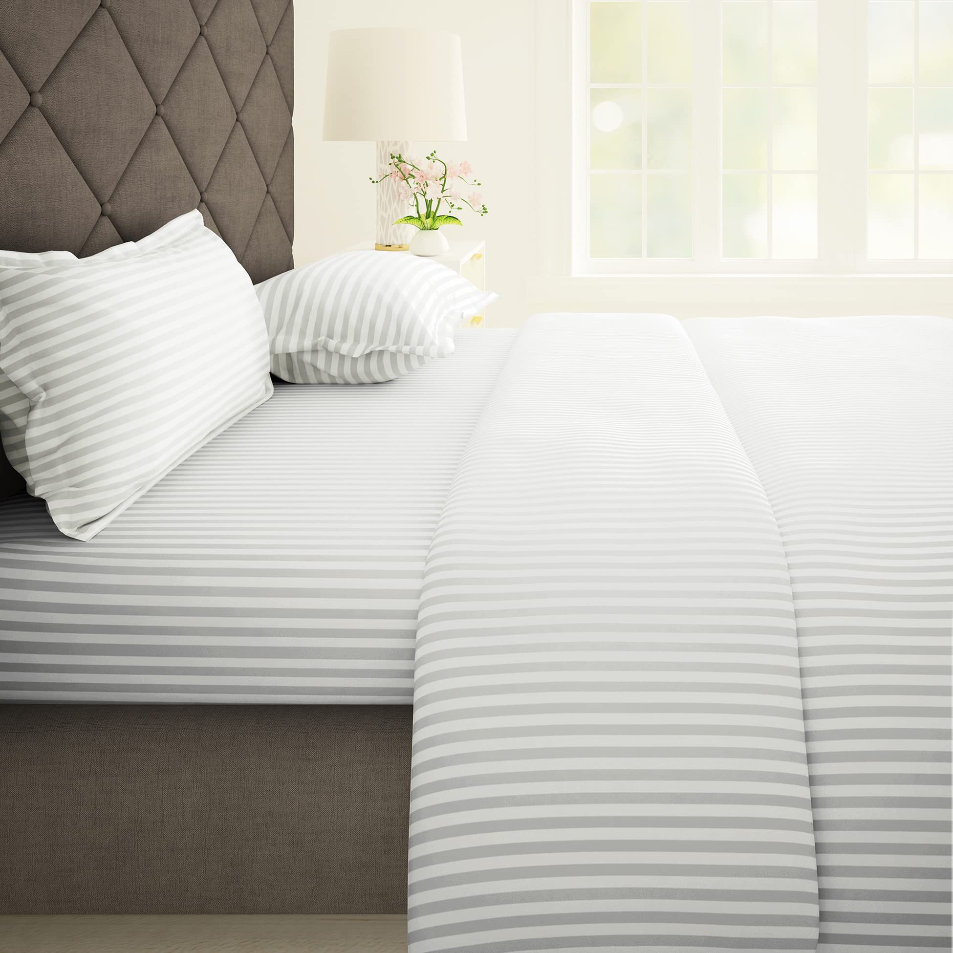 Forever XL 300 TC 100% CottonSatin Stripes Pattern King size Bedsheet With 2 Pillow Cover, White