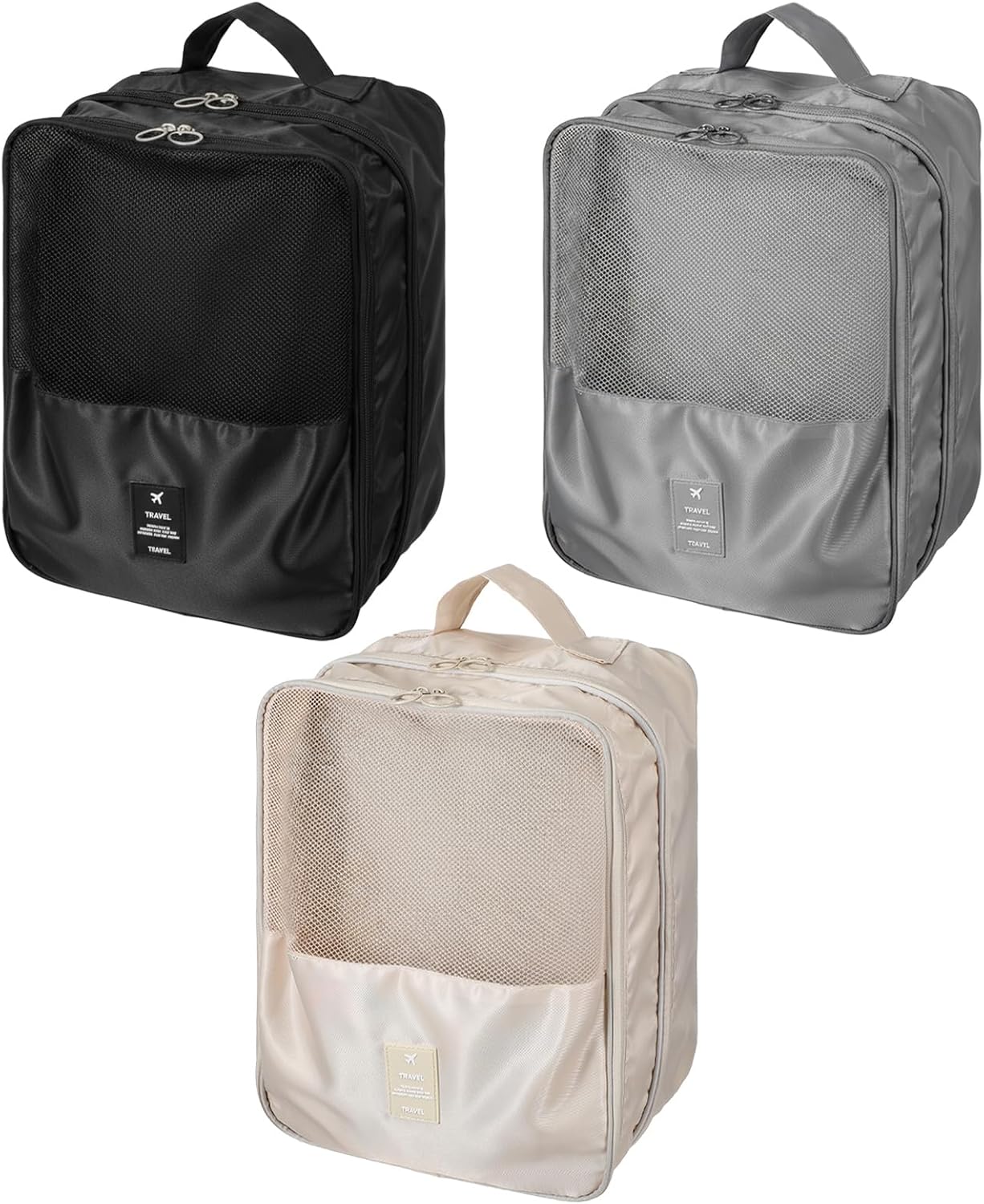 3-Pack Travel Shoe Bags for Packing in Suitcase - Shoe Travel Bag Organizer with Handle, Multi-Layer Compartments Holds 3 Pairs of Shoes, Portable Storage for Men & Women (Beige/Gray/Black)