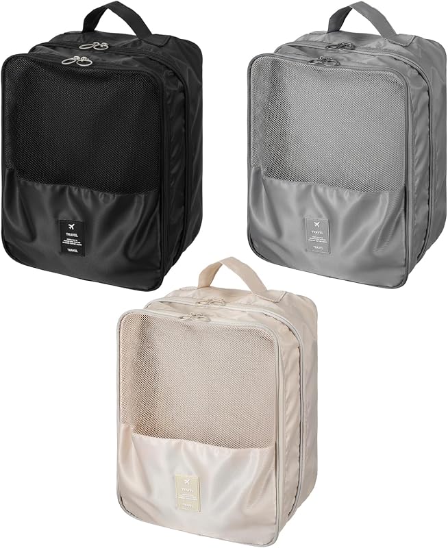 Paquete de 3 bolsas de zapatos de viaje para empacar en valija – Organizador de bolsas de viaje para zapatos con asa, compartimentos multicapa para 3 pares de zapatos, almacenamiento portátil para hombres y mujeres (beige/gris/negro)